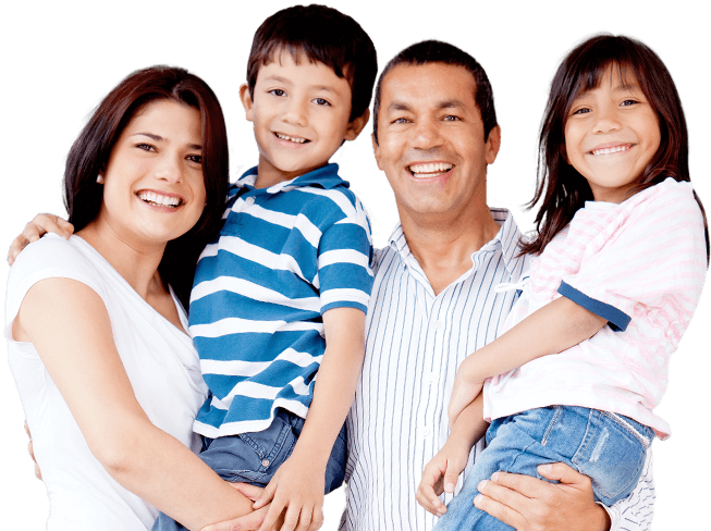 Smiling mother, father, and two kids